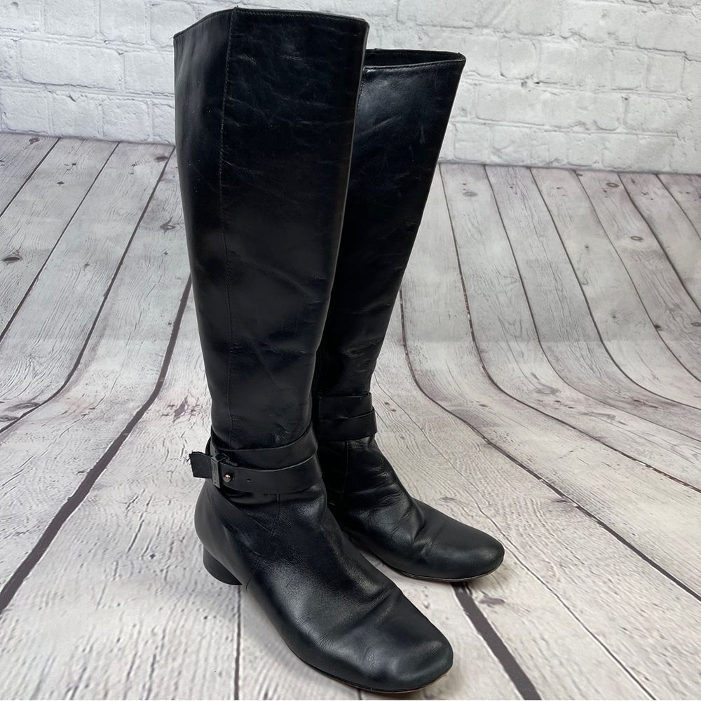 KARL LAGERFELD black leather side zip round heel riding boots, size 8.5 - Picture 3 of 15